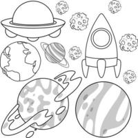 eine Reihe von Doodle über Planeten auf weißem Hintergrund vektor
