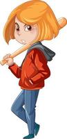 Teenager-Mädchen mit Baseballschläger-Cartoon-Figur auf weißem Hintergrund vektor