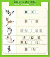 Füllen Sie den fehlenden Buchstaben jedes Wortarbeitsblatts für Kinder aus vektor
