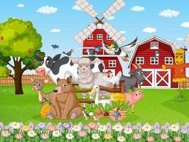 Bauernhofszene mit vielen Tieren bei der Scheune vektor
