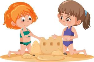 två flickor bygger sandslott på stranden vektor