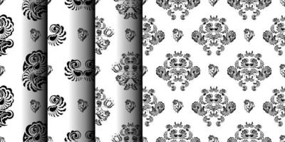 uppsättning av sömlösa svartvita mönster med monogram i barockstil. bra för bakgrunder och utskrifter. vektor