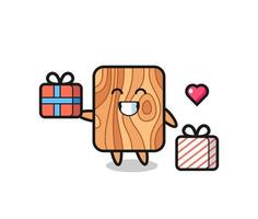 Plankenholz-Maskottchen-Cartoon, der das Geschenk gibt vektor