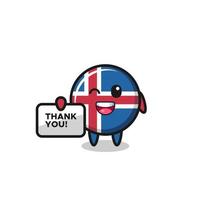 das maskottchen der isländischen flagge hält ein banner, das danke sagt vektor