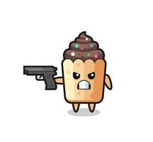 den söta cupcake-karaktären skjuter med en pistol vektor