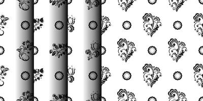 uppsättning av sömlösa svarta och vita mönster med blommor och monogram i enkel stil. bra för kläder och textilier. vektor