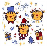 julset med tigrar i barns doodle stil. vektor färgade ikoner av katter i hattar, med presenter, tassar, bokstäver. gul, röd, blå isolerad på vit bakgrund.