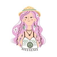 Mode-Outfit im Boho- oder Hippie-Stil. nette flache illustration lokalisiert auf weißem hintergrund. modisches mädchen mit rosa haaren in einem t-shirt mit pazifischem zeichen in einem hut und ohrringen mit federn. vektor