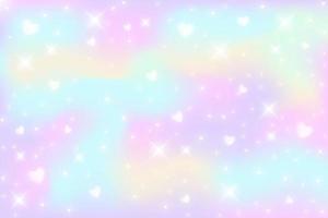 Regenbogen-Fantasie-Hintergrund. holografische Illustration in Pastellfarben. bunter Himmel mit Sternen und Herzen. Vektor