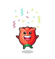 glad ros maskot hoppar för grattis med färg konfetti vektor