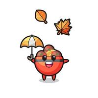 Cartoon der süßen Frikadellenschüssel, die im Herbst einen Regenschirm hält vektor