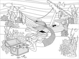 sjöjungfru, havererat skepp och undervattensskatt. svart och vit vektorillustration för målarbok vektor
