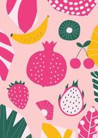 Poster mit exotischen Früchten. sommer tropisches design mit obst, banane, erdbeere, granatapfel, pitaya, kirsche, kiwi bunte mischung. gesunde ernährung, vegane lebensmittelhintergrundvektorillustration vektor