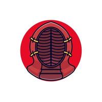 japanische samurai-helmkarikatur mit japan-flaggenhintergrund vektor