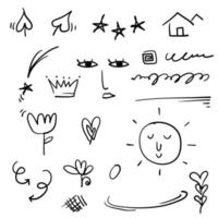 Doodle-Hervorhebungselemente, schwarz auf weißem Hintergrund. Vektorsymbole und Logos. Pfeil, Herz, Liebe, handgemacht, hausgemacht, Stern, Blatt, Sonne, Licht, Blume, Gänseblümchen, Graffitti-Krone, König, Königin Cartoon-Stil