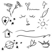 Doodle-Hervorhebungselemente, schwarz auf weißem Hintergrund. Vektorsymbole und Logos. Pfeil, Herz, Liebe, handgemacht, hausgemacht, Stern, Blatt, Sonne, Licht, Blume, Gänseblümchen, Graffitti-Krone, König, Königin Cartoon-Stil vektor