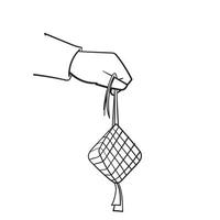 handritad doodle hand som håller ketupat traditionell muslimsk mat illustration ikon vektor