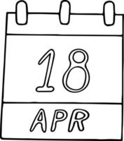 kalender hand dras i doodle stil. 18 april. Internationell dag för monument och platser, världscirkus, amatörradio, datum. ikon, klistermärke element för design. planering, affärer, semester vektor