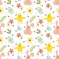 Vektornahtloses Ostermuster mit Hasen, Huhn, Osterei und Blumen auf weißem Hintergrund. Frühling vektor