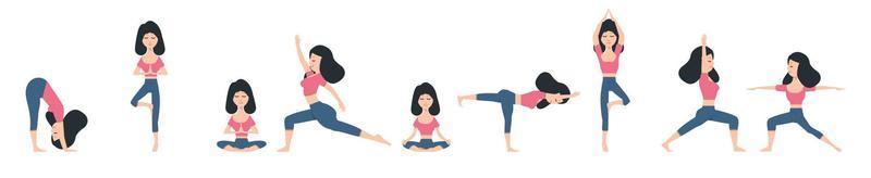människor kvinnor som utövar yogaställningar set vektor