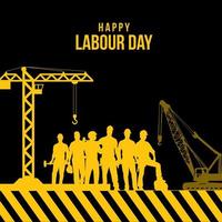 internationaler arbeitstag hintergrund mit silhouette von turmkranen und schweren maschinen. Happy Labor Day Vektor mit Silhouette von Arbeitern und Zeichen im Bau.