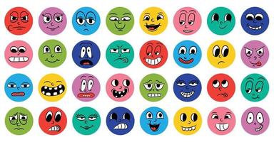uppsättning av tecknade komiska roliga ansikten i retrostil med olika uttryck för känslor. abstrakta runda ikoner av huvuden för känslomässiga karaktärer. emoji människor animation i 50-60-talsstil. vektor