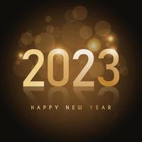 2023 Frohes neues Jahr Urlaubskarte. vektorillustration mit goldenem symbol und effekt bokeh auf dunklem hintergrund. Feiertagsgrußkarte. vektor