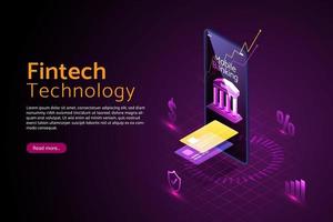Fintech-Finanztechnologie kauft und transaktioniert elektronische Überweisungen für Bankunternehmen per Smartphone. vektor