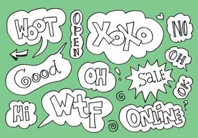 handgezeichneter satz von sprechblasen mit handgeschriebenen kurzen sätzen woot, open, xoxo, good, sale, wtf, online und mehr auf grünem hintergrund.