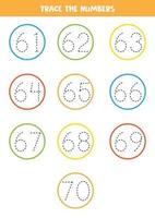 Verfolgungsnummern von 61 bis 70. Schreibübungen. vektor