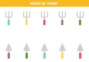 Farbzuordnungsspiel für Kinder im Vorschulalter. Ordnen Sie Gartengeräte farblich zu. vektor