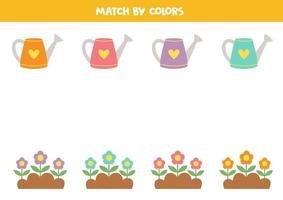 Farbzuordnungsspiel für Kinder im Vorschulalter. Ordnen Sie Gießkannen und Blumenbeete farblich zu. vektor