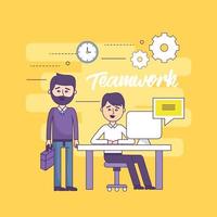 Teamwork-Geschäftsleute mit Computer- und Dokumenteninformationen vektor