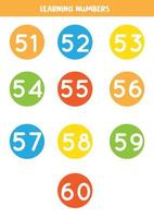 lärande siffror kort från 51 till 60. färgglada flashcards. vektor