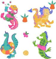 uppsättning av tecknade färgglada dinosaurier, små roliga monster vektorillustration isolerad på vit bakgrund. förhistoriska djur för textiltryck och barnföremål. vektor