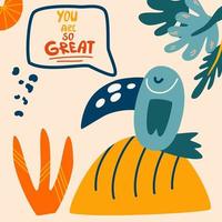 lustiger Papagei. Schriftzug genial. exotischer Vogel. Cartoon-Vektorillustration für Kinder für Postkarten, Poster, Design von Kinderkleidung. vektor