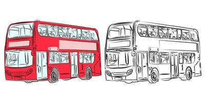 london dubbeldäckare modern buss i rött och blyertsteckning med frontvy. röd buss. vektor