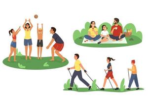 eine gruppe aktiver familien im urlaub. Papa, Mama und Kinder treiben Sport, unterhalten sich, spielen Volleyball, machen Nordic Walking, machen ein Picknick. Familienwochenende. vektorillustration in einem flachen stil vektor