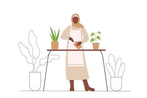 muslimsk kvinna transplanterar växter. kvinna trädgårdsmästare. trädgårdsarbete. växande plantor. platt vektor illustration