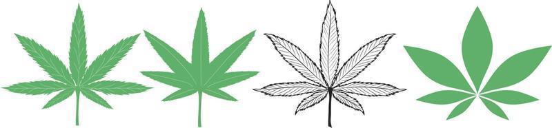 grüne Cannabisblätter isoliert auf weißem Hintergrund., Marihuana- oder Hanfsymbol, medizinisches Zeichen für Cannabis, 2D-Illustration