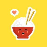 süßer und kawaii reisschalencharakter isoliert auf farbigem hintergrund. Reisschüssel mit Emoji und Ausdruck. kann für restaurant, resto, maskottchen, asiatisches kulturelement, chinesisches essen, japanisches essen, menü verwenden. vektor