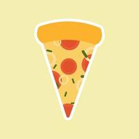 Stück Pizza auf farbigem Hintergrund isoliert. Scheibenkäsepizza mit Tomate, Kopfsalat und Speck, flacher Designstil der Wurst. leckeres appetitliches fast food. vektor