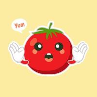Design-Vektorillustration des niedlichen und kawaii Tomatencharakters flache. glückliche Gemüsevektorillustration. Grünes Essen, kann im Restaurantmenü, in Kochbüchern und im Bio-Bauernhofetikett verwendet werden vektor