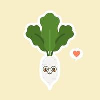 söt och kawaii vit rädisa karaktär. friska glada ekologiska grönsaker karaktär illustration vektor