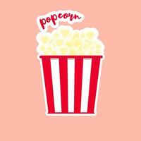 niedliches und kawaii popcorn popcorn in der roten eimerkastenkinosnackvektorillustrationszeichentrickfilm-figurikone im flachen design. vektor