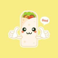 süß und kawaii shawarma kebab cartoon comicfigur mit lächelndem gesicht lecker verpackt fastfood. Emoji-Kawaii. kann im Restaurantmenü verwendet werden, gesundes Essen. kulinarische Zutat. vektor