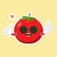 Design-Vektorillustration des niedlichen und kawaii Tomatencharakters flache. glückliche Gemüsevektorillustration. Grünes Essen, kann im Restaurantmenü, in Kochbüchern und im Bio-Bauernhofetikett verwendet werden