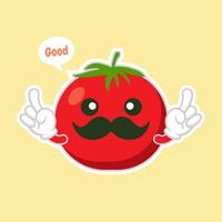 Design-Vektorillustration des niedlichen und kawaii Tomatencharakters flache. glückliche Gemüsevektorillustration. Grünes Essen, kann im Restaurantmenü, in Kochbüchern und im Bio-Bauernhofetikett verwendet werden