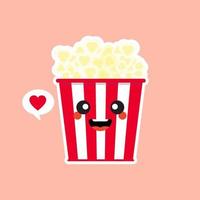 söt och kawaii pop corn popcorn i röd hink box bio snack vektor illustration seriefigur ikon i platt design.