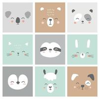 süße einfache Tiergesichter Porträts - Hase, Bär, Faultier, Katze, Koala, Alpaka, Lama, Panda, Pinguin, Hund. Designs für Babykleidung. handgezeichnete Charaktere. Vektor-Illustration. vektor